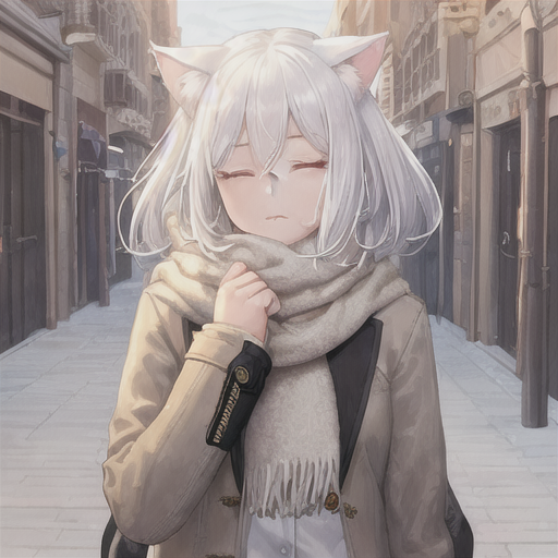 masterpiece, best quality, 1 anime girl, white hair, medium hair, cat ears, closed eyes, looking at viewer, :3, cute, scarf, jacket, outdoors, streets
