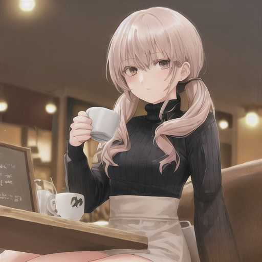 1 anime girl, bishounen, casual, indoors, sitting, coffee shop, bokeh, night, turtleneck, masterpiece, best quality