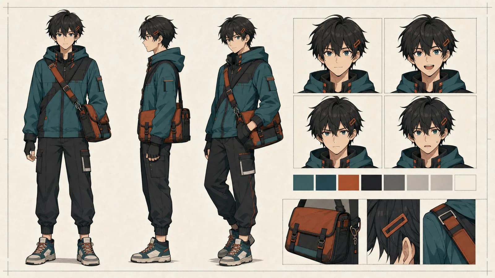 A character sheet fixes the face, hairstyle, outfit, palette, and recurring props before scene production begins.