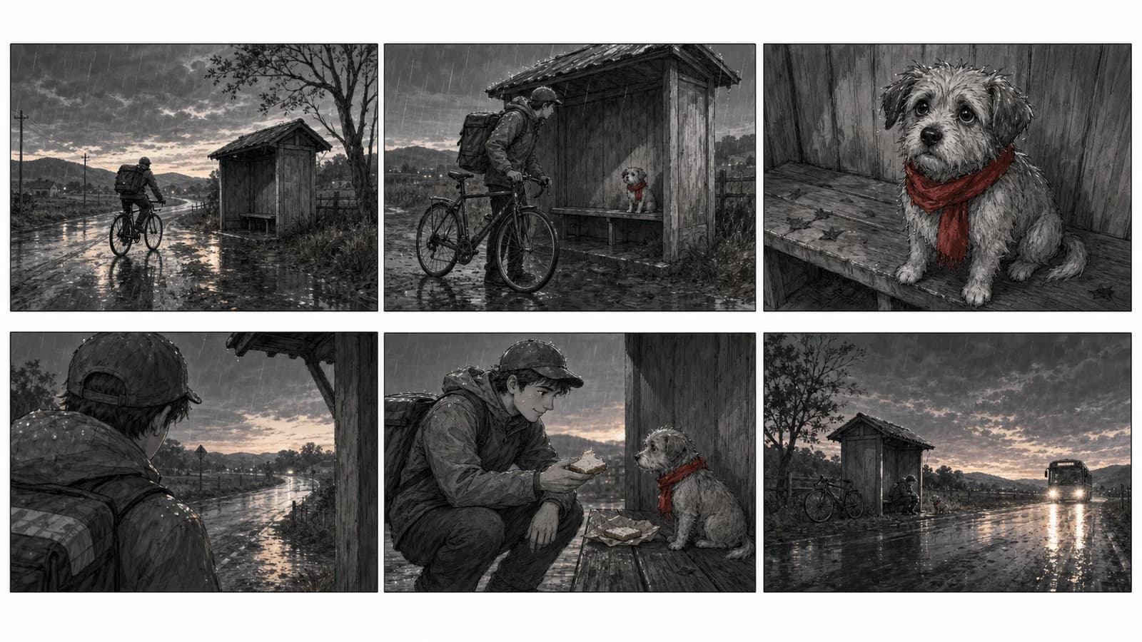 Six-shot storyboard sequence of a courier meeting a dog in a rainy bus shelter