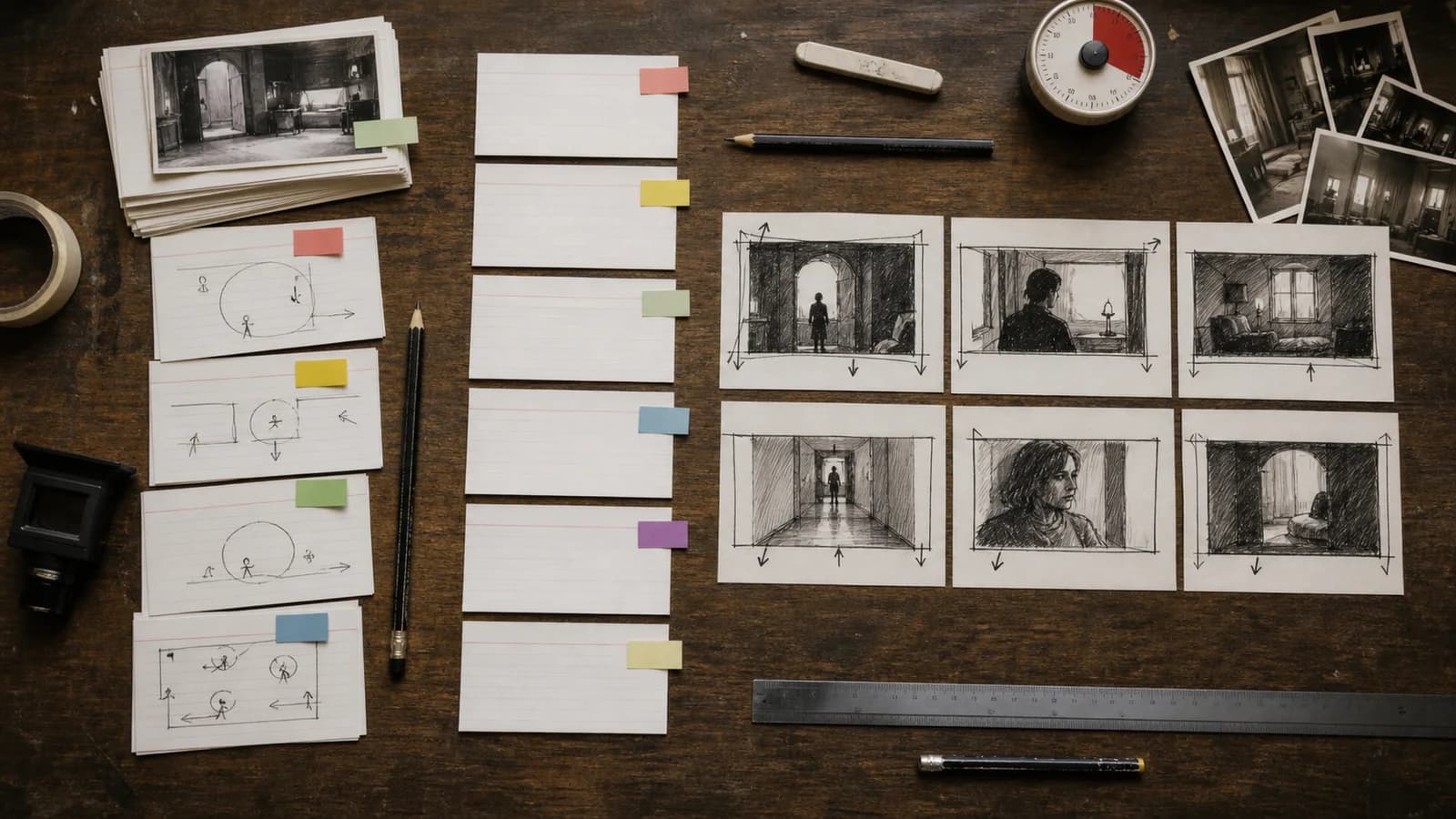 Overhead filmmaking desk where blank script cards lead into a shot list and six hand-drawn storyboard thumbnails
