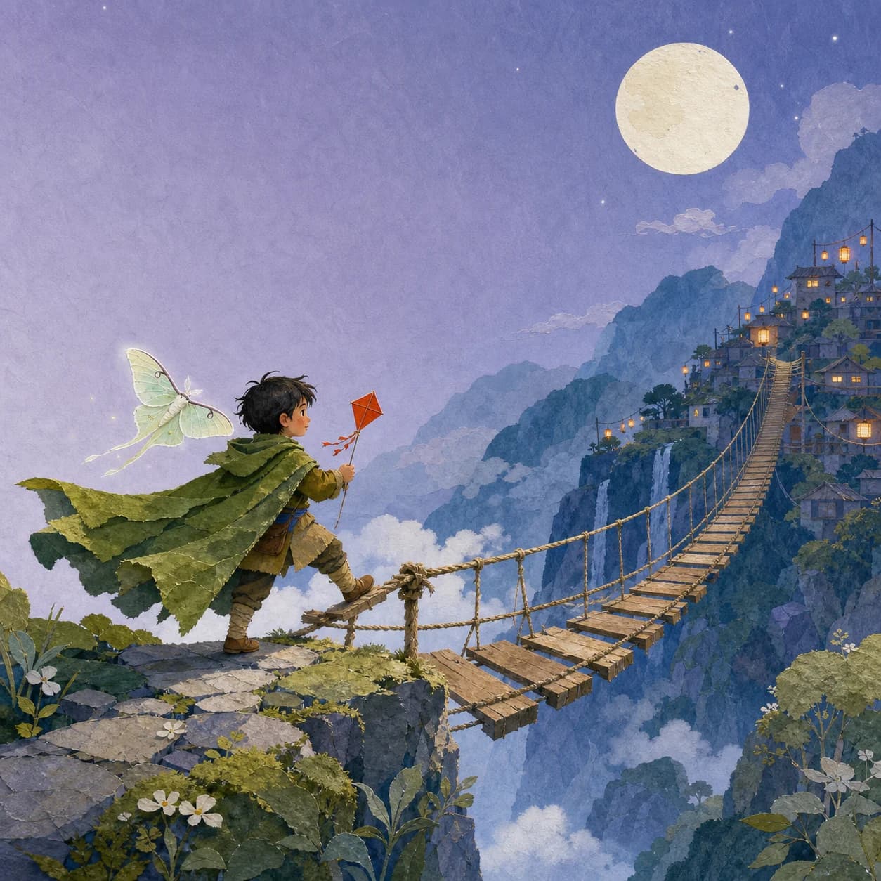 Original cloud-herder picture-book sequence across three watercolor spreads