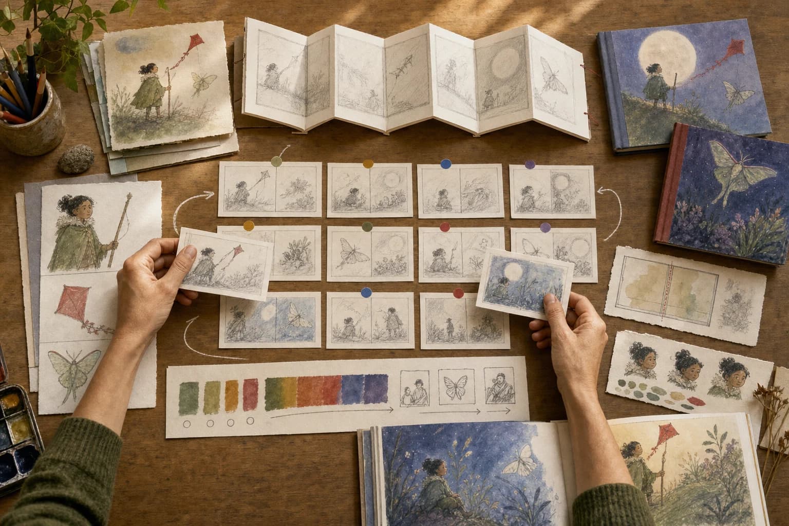 Picture-book planning desk with an accordion dummy, spread thumbnails, character studies, color arc, gutter test, watercolor proofs, and two bound mockups