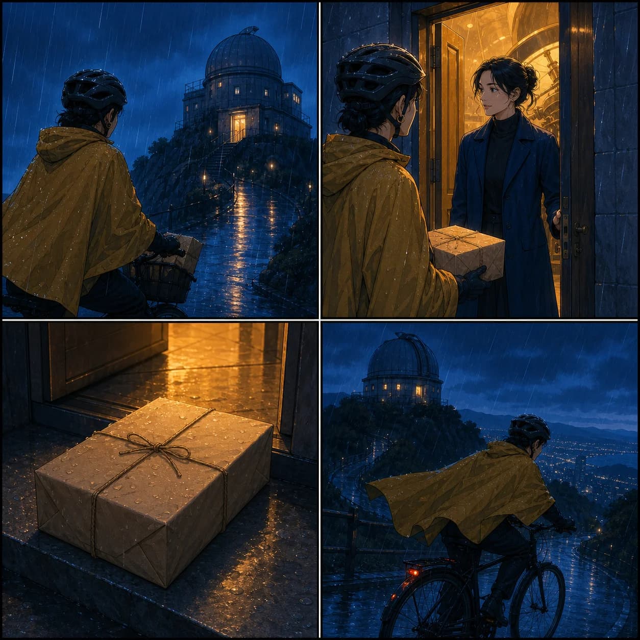 Original rain-soaked webtoon sequence featuring a bicycle courier, astronomer, observatory, and wrapped parcel