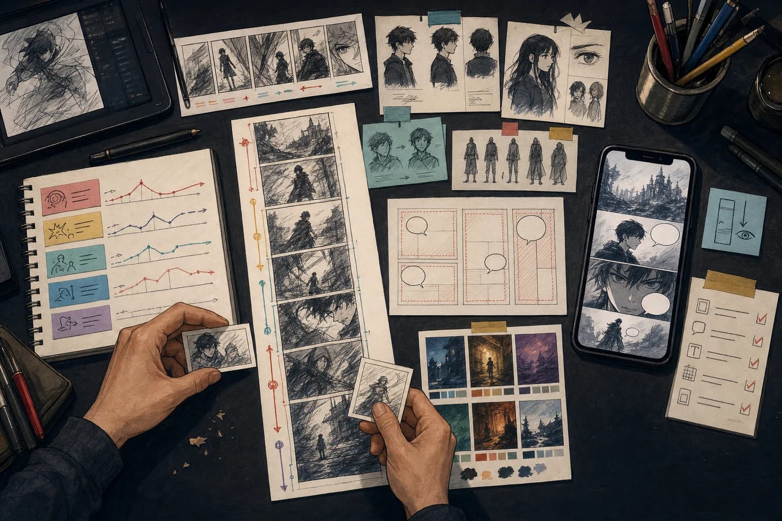 Webtoon production desk with vertical thumbnails, character continuity cards, rhythm graphs, balloon-safe layouts, color keys, and a phone readability check