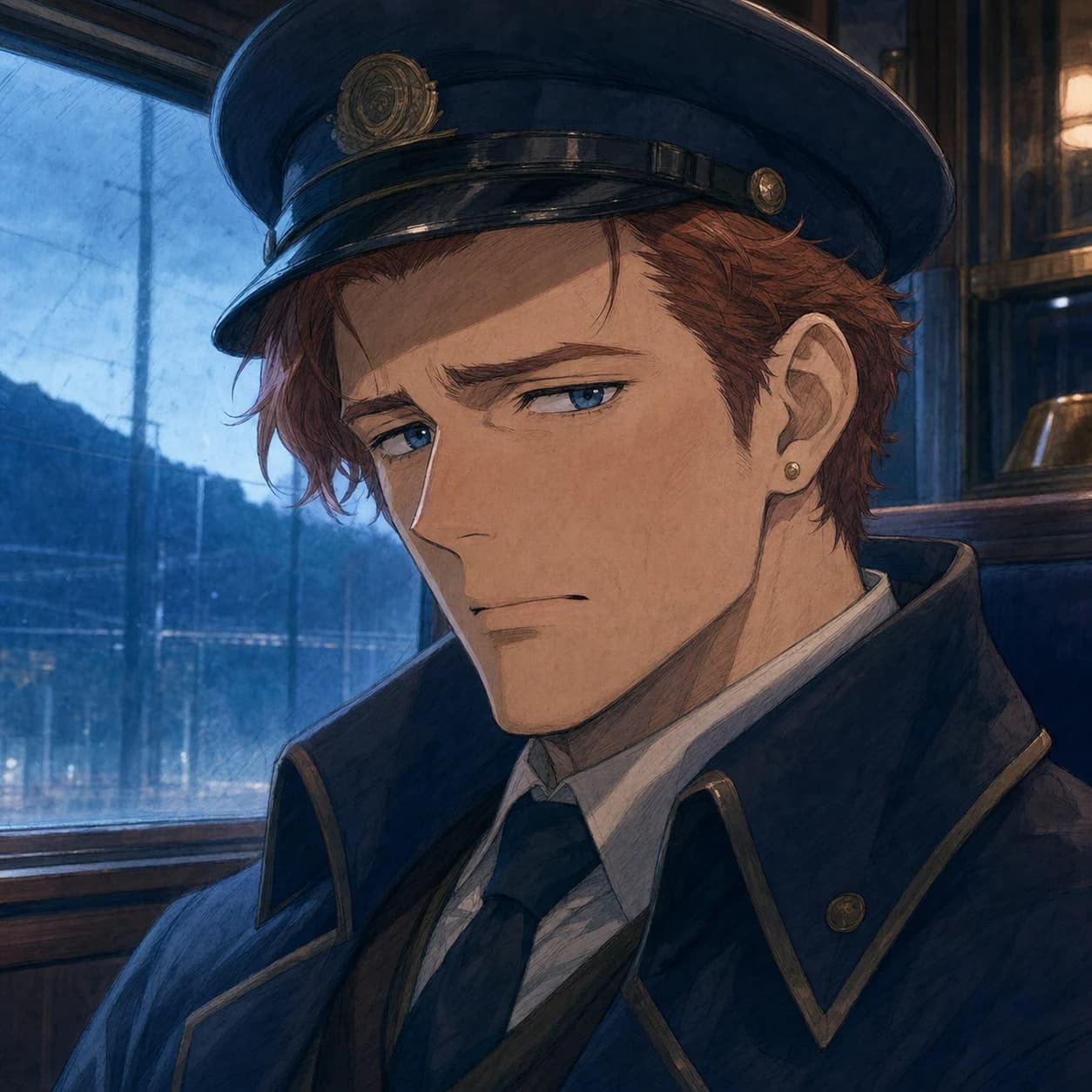 Three restrained facial-acting studies of an original anime train conductor