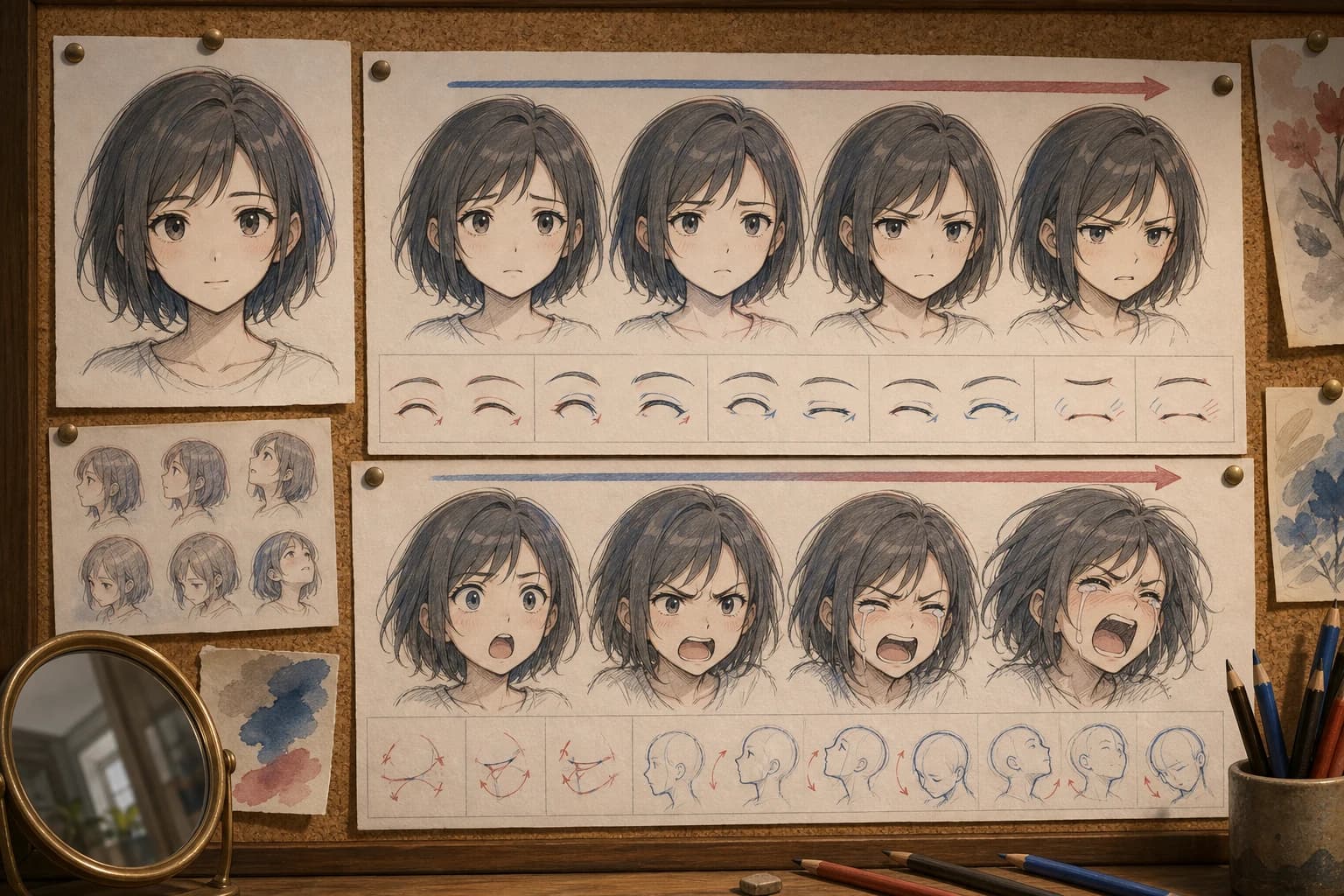 Animation acting study board with eight hand-drawn facial expressions, feature notes, mirror, and pencils