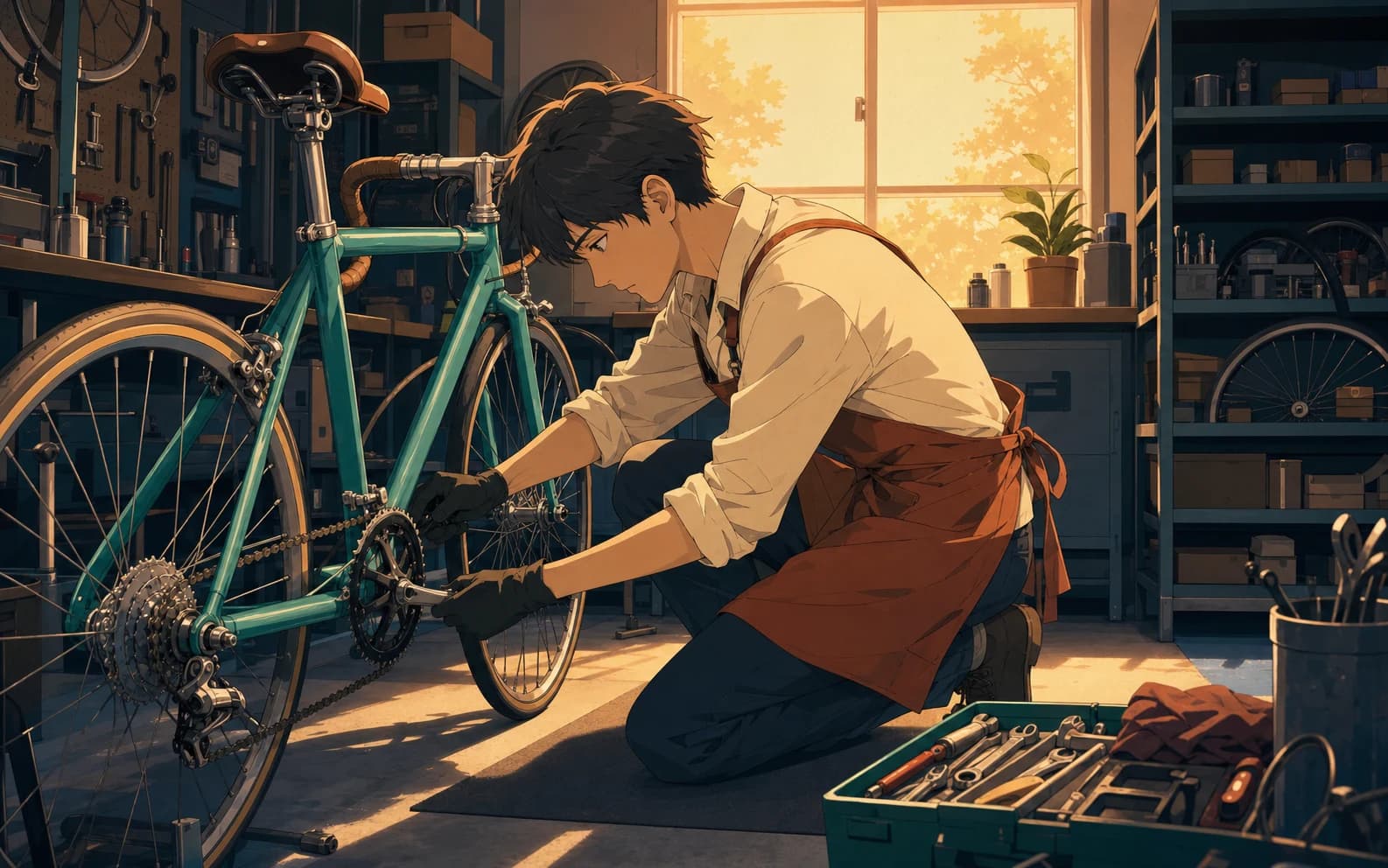 Anime mechanic workshop scene built from broad teal, rust, cream, navy, and amber color regions