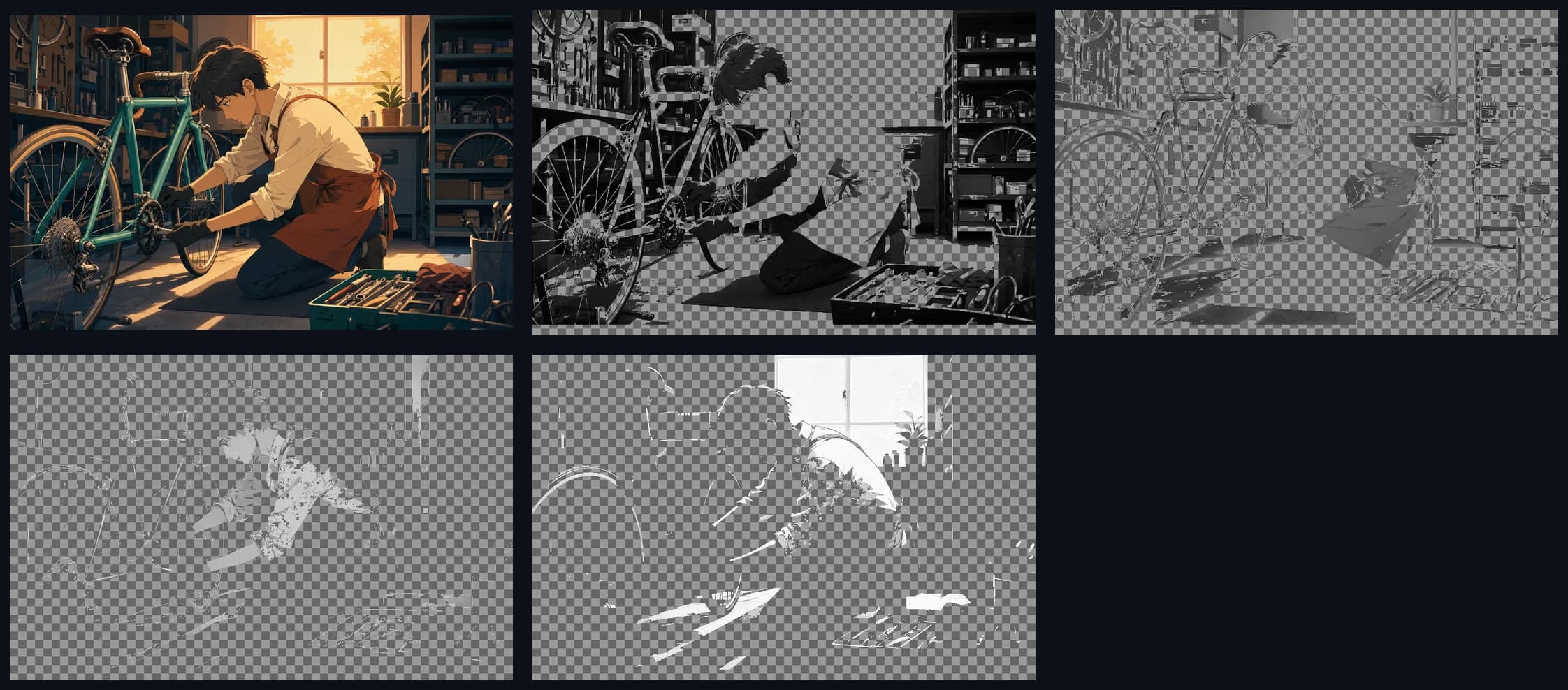 The bicycle mechanic source image beside four checkerboard previews that isolate broad color clusters rather than semantic objects