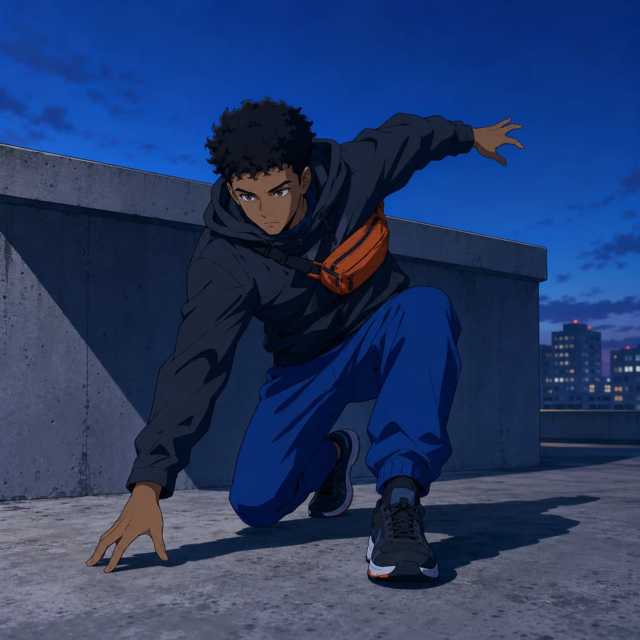 Original anime parkour courier shown in four distinct full-body action poses