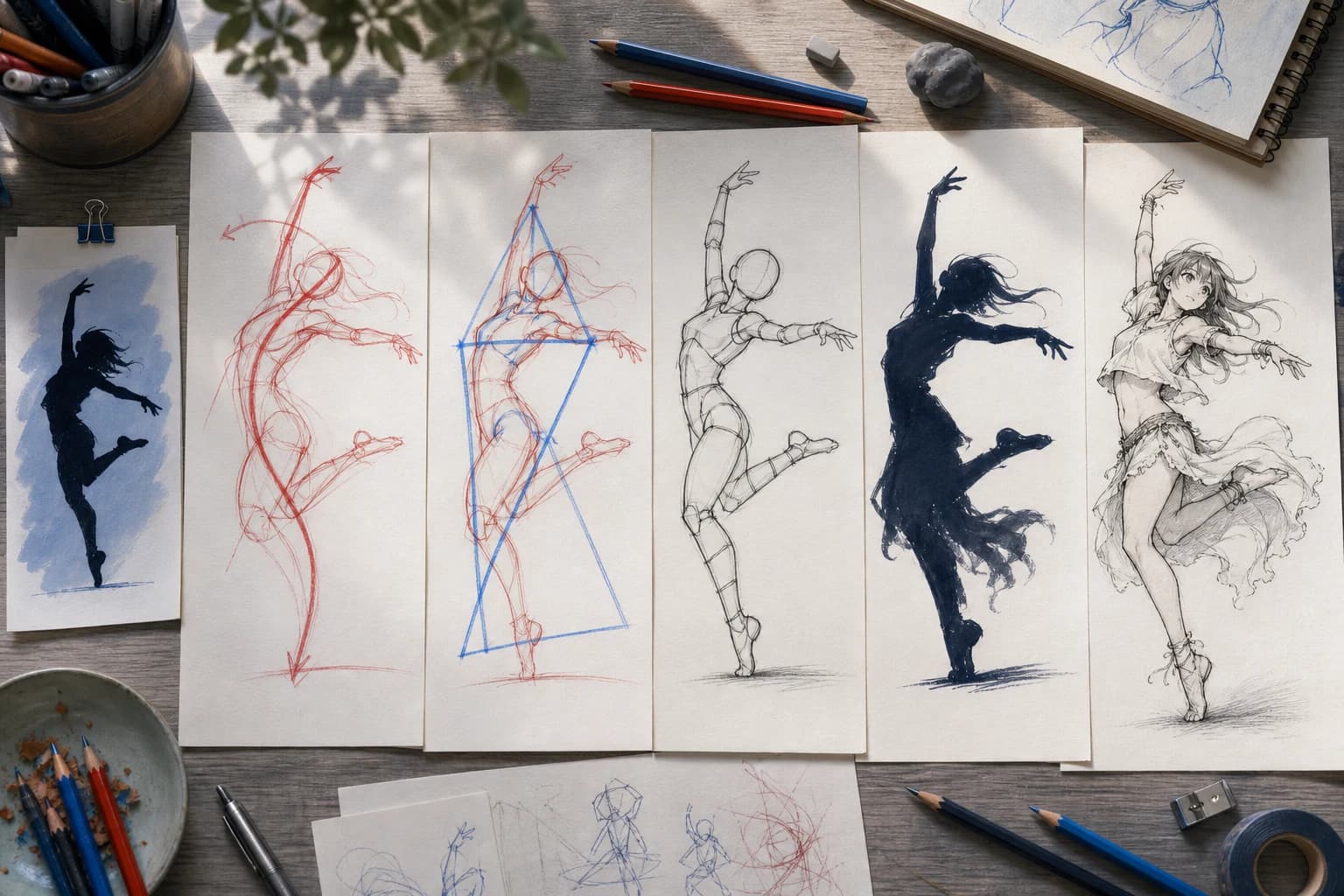 Gesture drawing desk showing line of action, balance triangle, mannequin construction, silhouette, and a finished anime dancer pose