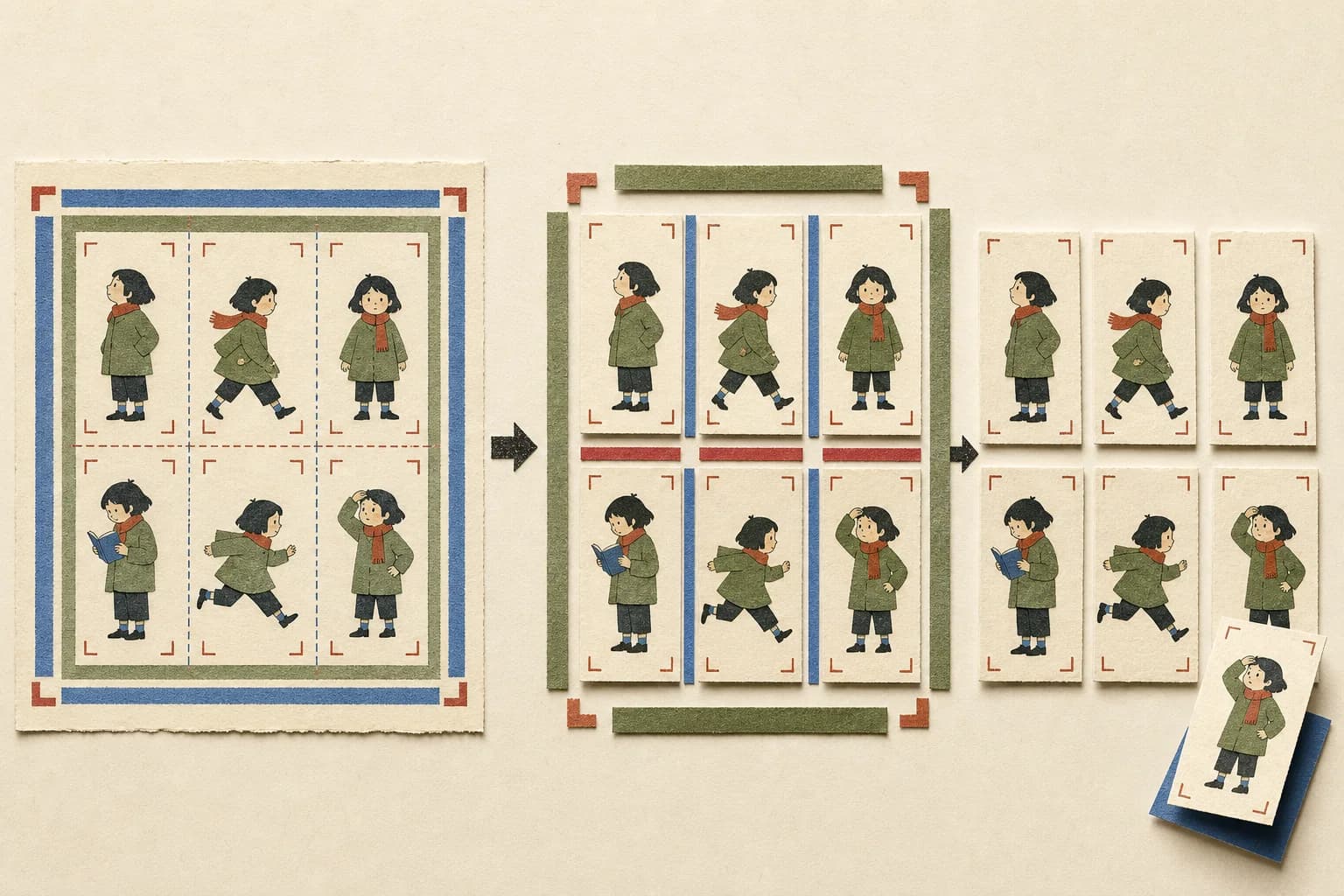 The paper-collage example visualizes the same calculation used by the tool: remove the outside border and gutters, then divide the remaining width and height evenly.