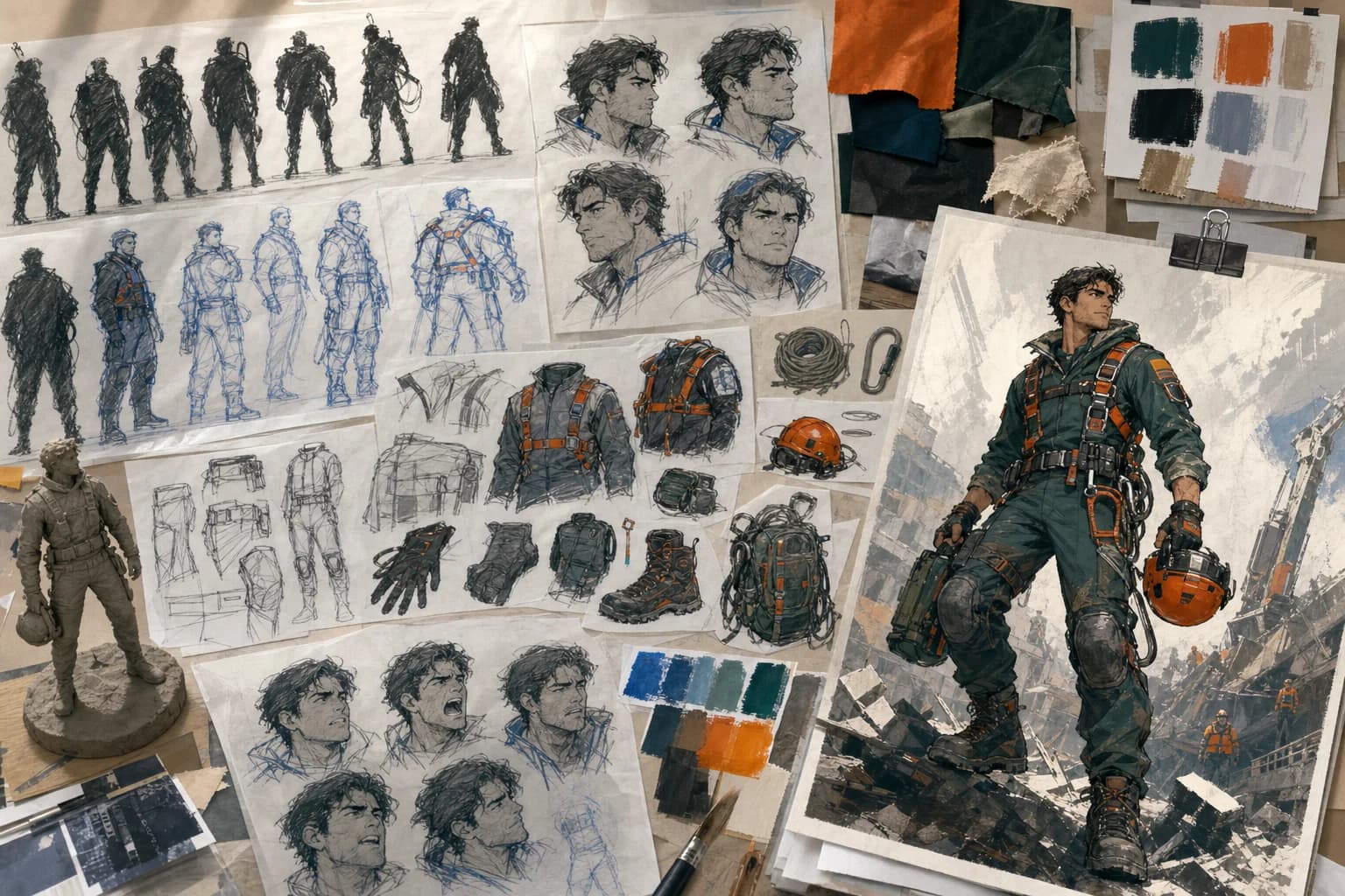 Character-development collage with silhouettes, blue-pencil construction, costume studies, expressions, materials, props, color swatches, and one approved action pose