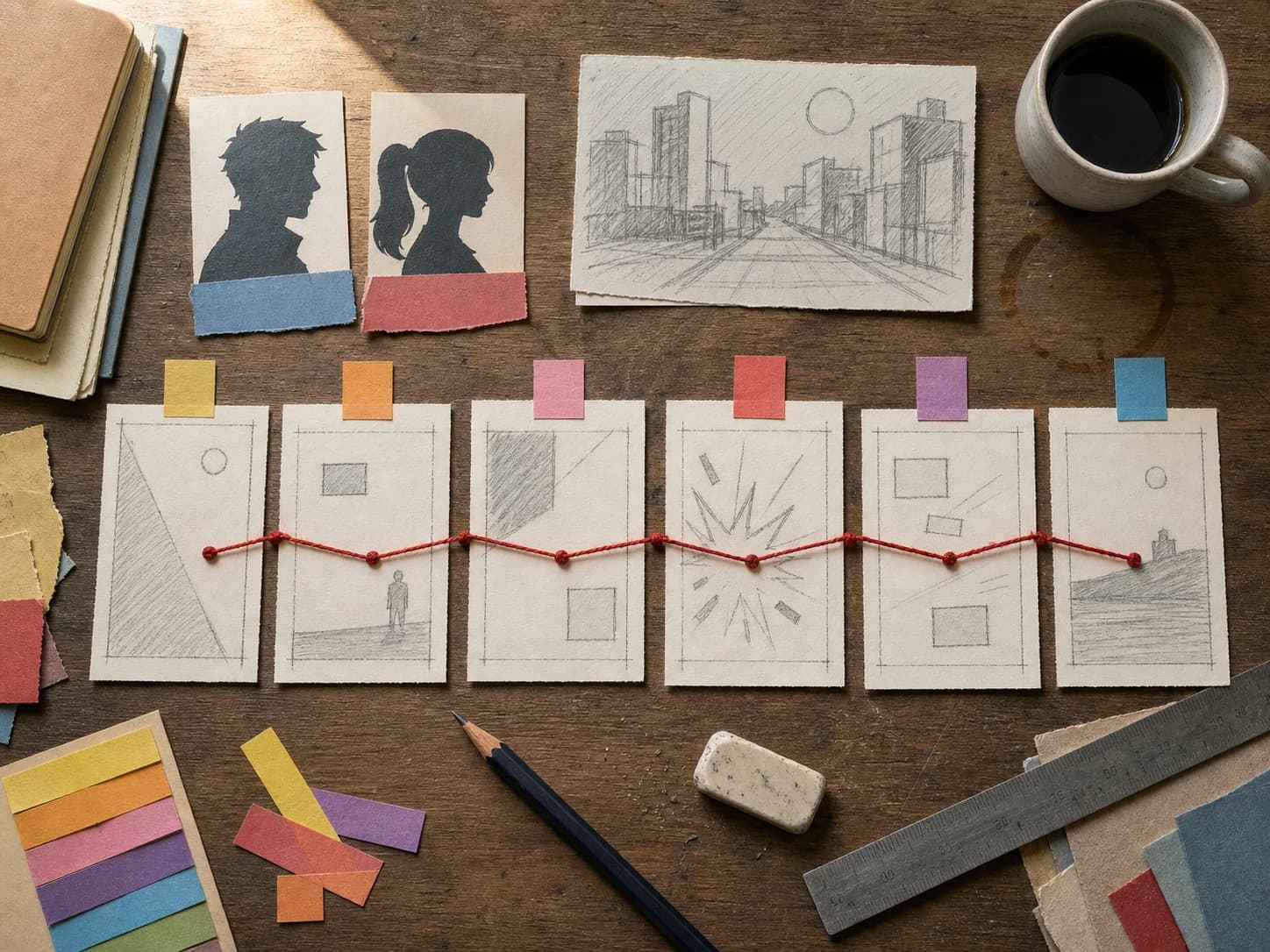 Overhead paper collage of six blank comic thumbnails connected by red thread with character and location cards