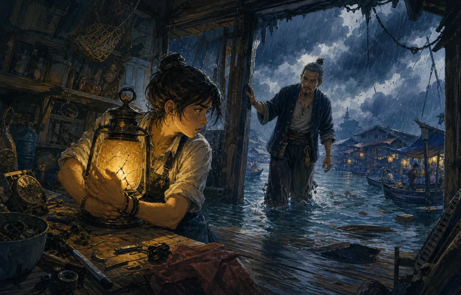 Gouache comic scene of a lamp repairer protecting a cracked lantern as floodwater enters a floating market workshop