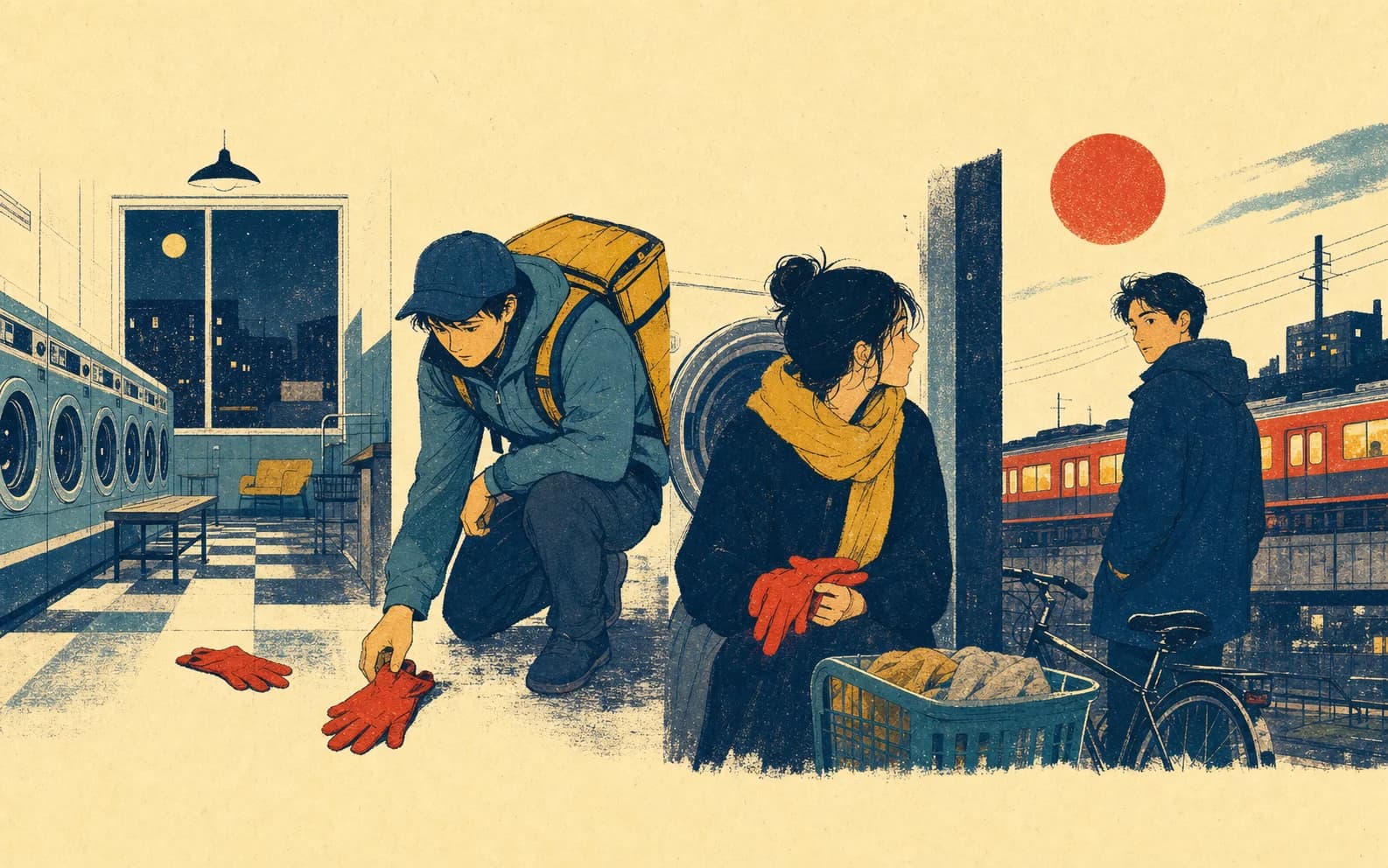 Risograph-style visual sequence of a courier, red gloves, a laundromat and a passing train