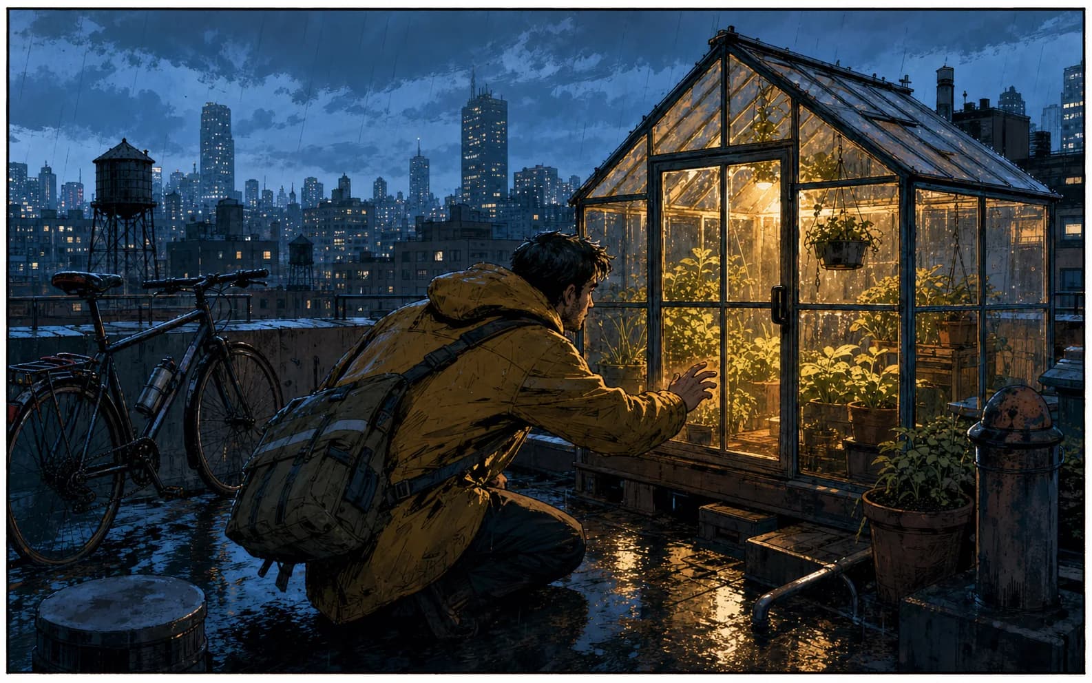 Original comic panel of a bicycle courier approaching a glowing rooftop greenhouse in the rain