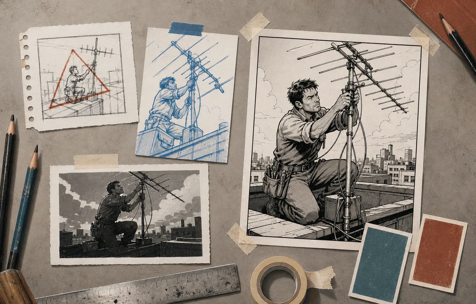 Comic production desk with thumbnail, camera sketch, value study, and finished rooftop antenna panel