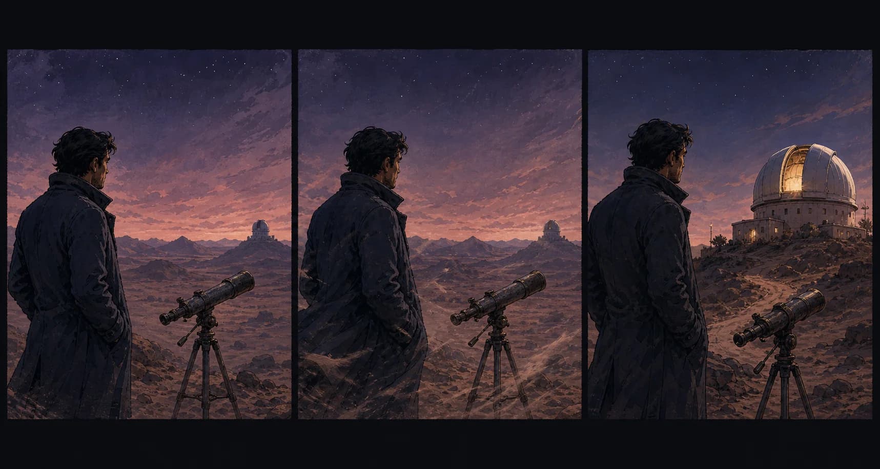 Three comic frames showing restrained wind movement and a slow push toward a desert observatory