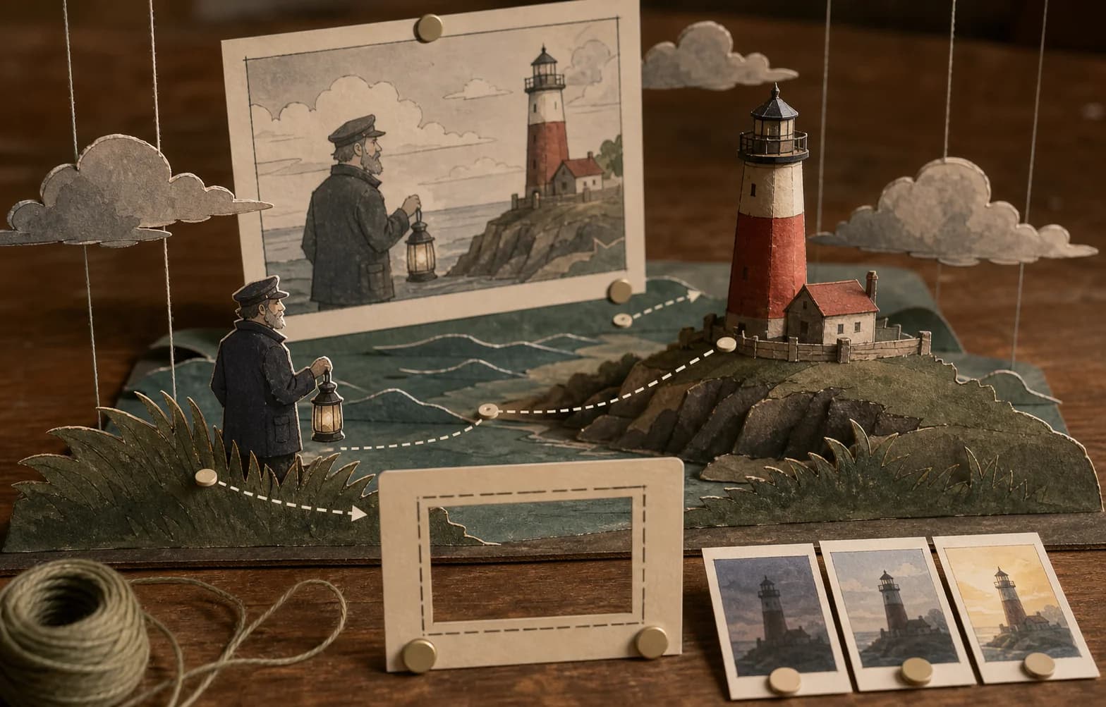 Handcrafted paper lighthouse scene arranged in depth planes for restrained camera motion
