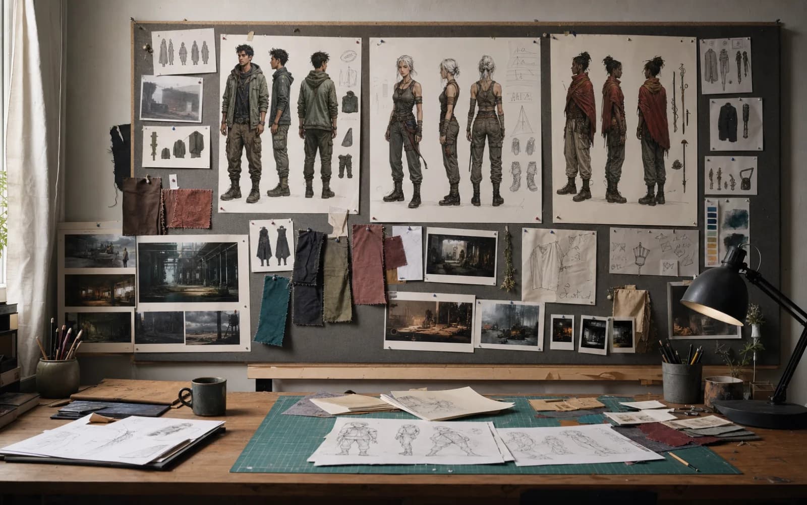 Documentary studio photograph of character turnarounds, costume fabrics, location studies, props and continuity references