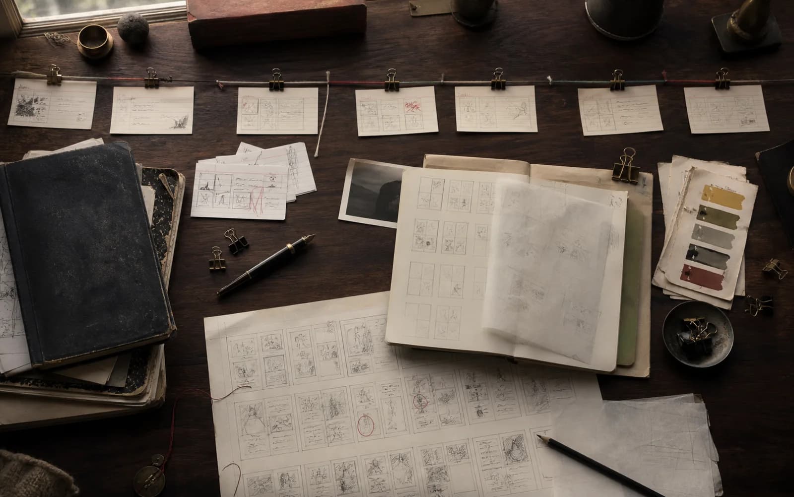 Overhead graphic-novel development desk with index cards, thumbnail pages, color swatches and a physical story timeline