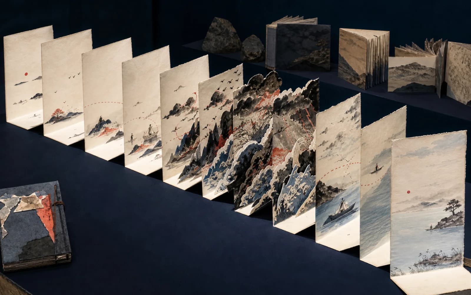 Handmade accordion book whose ink-wash scenes move from quiet pages through a dense climax to a calm ending
