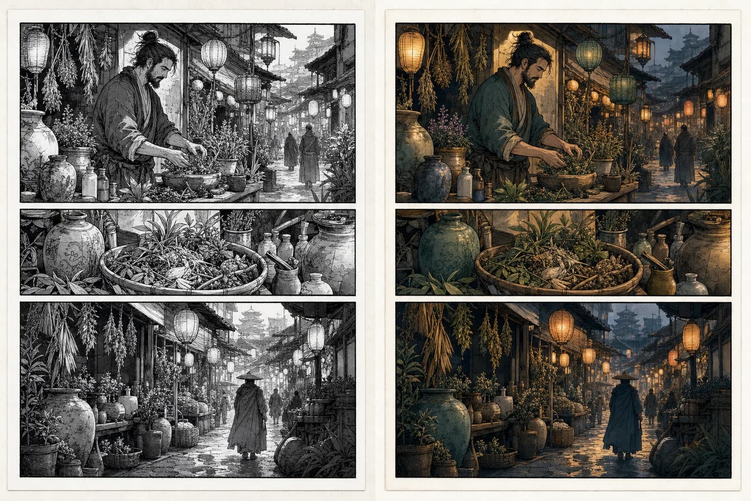 Wordless black-and-white manga market page compared with a restrained full-color study