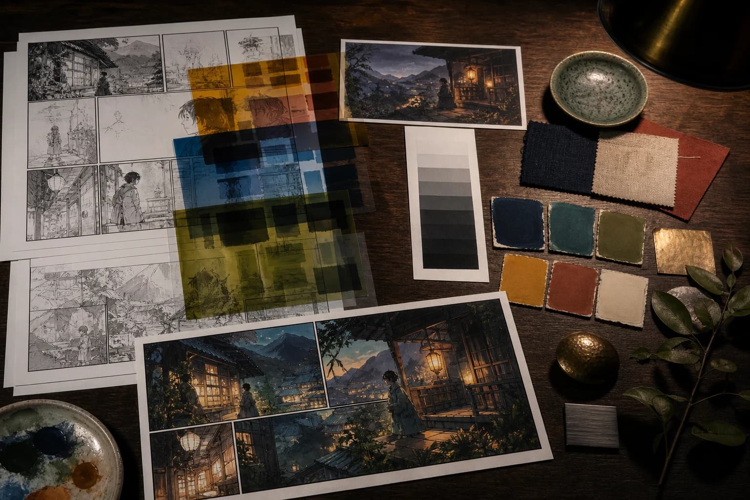 Manga color planning desk with black-and-white panels, translucent flat-color studies, value strip, lighting thumbnail, material swatches, and a finished print