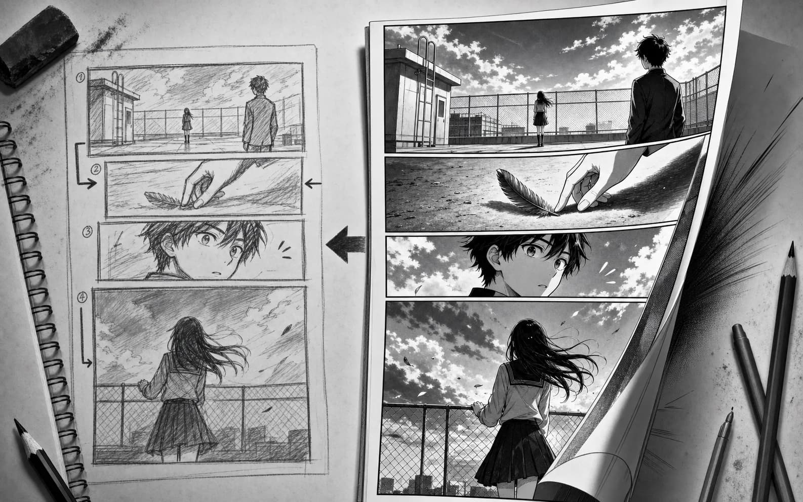 Black and white manga thumbnail plan beside a right-to-left rooftop mystery page