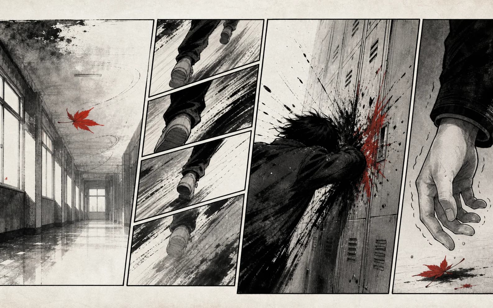 Monochrome manga pacing sequence moving right to left through silence, footsteps, impact and aftermath