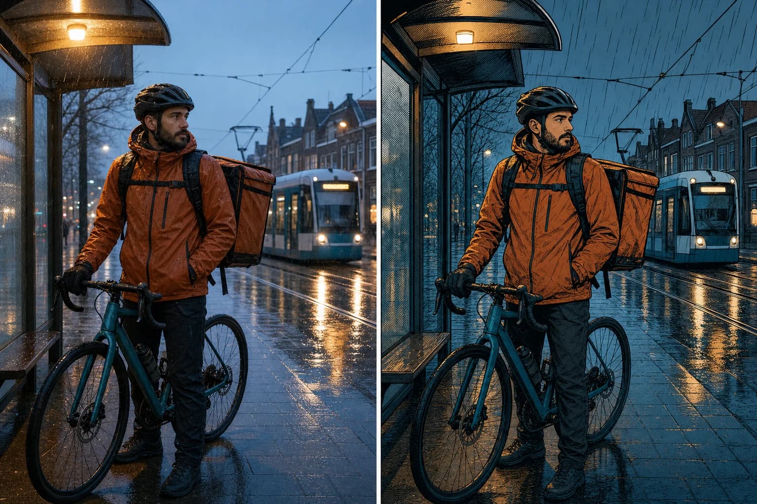 Ein Foto in eine Comic-Illustration verwandeln. Zu erhaltende Struktur benennen. Gesicht, Hände, Requisiten, Kanten und Hintergrund können sich ändern.