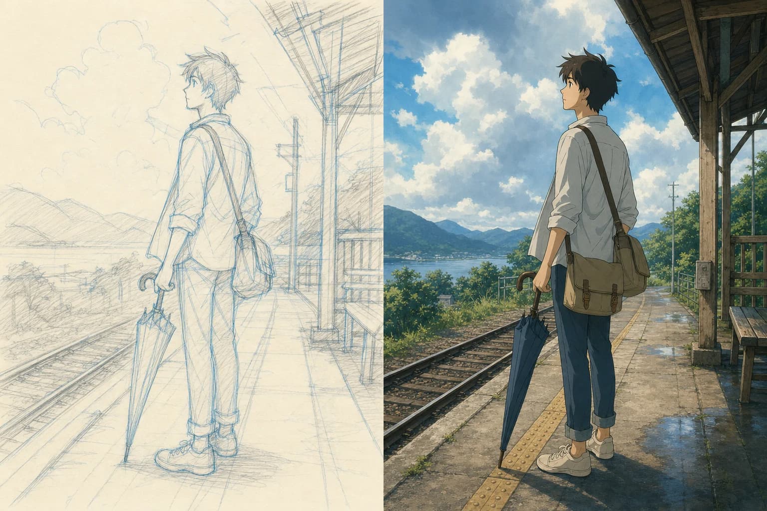 Rough railway traveler sketch compared with a clean original anime illustration