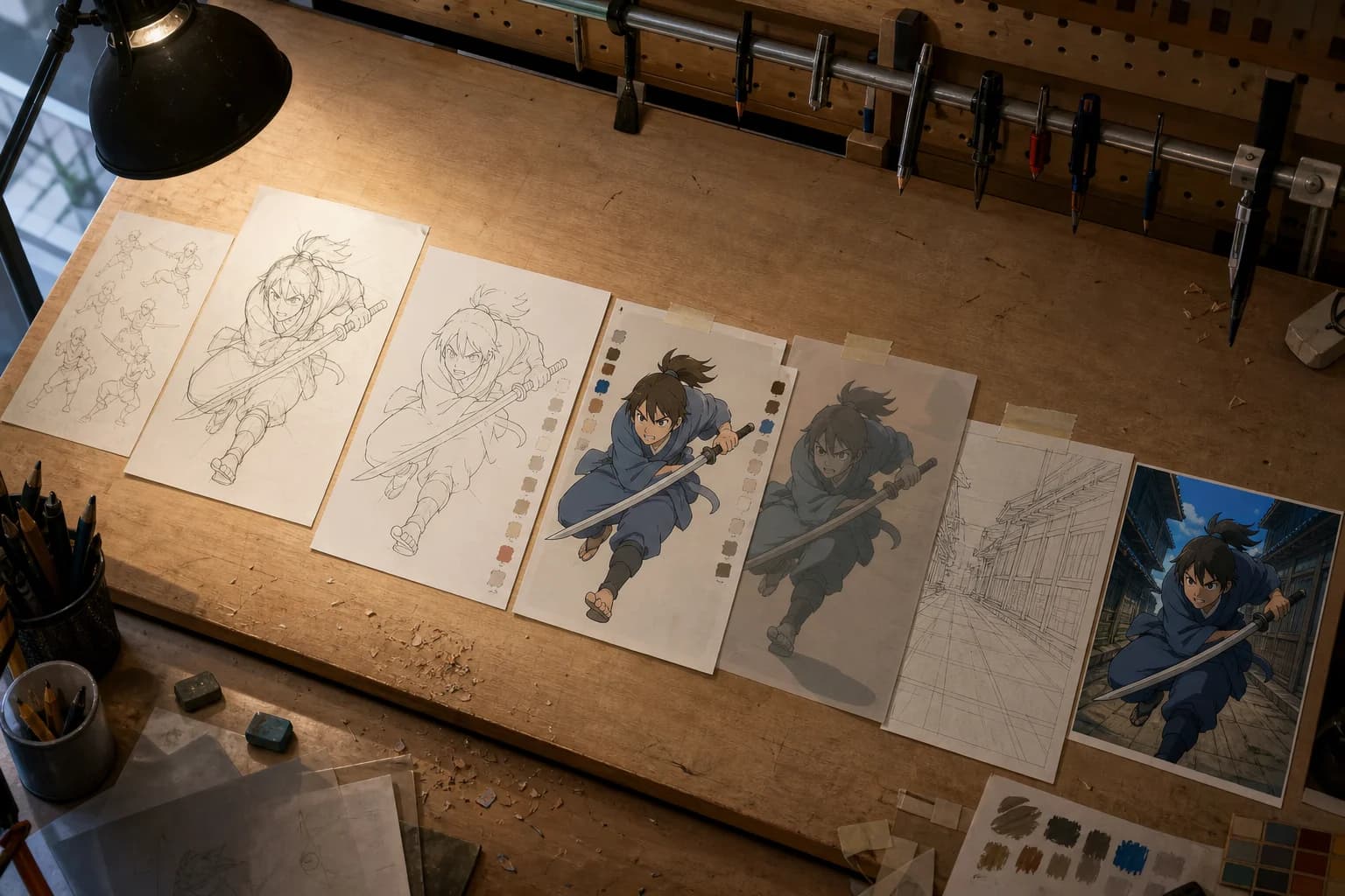 Animator desk with gesture thumbnail, construction drawing, cleanup pass, color key, shadow overlay, perspective card, and finished frame