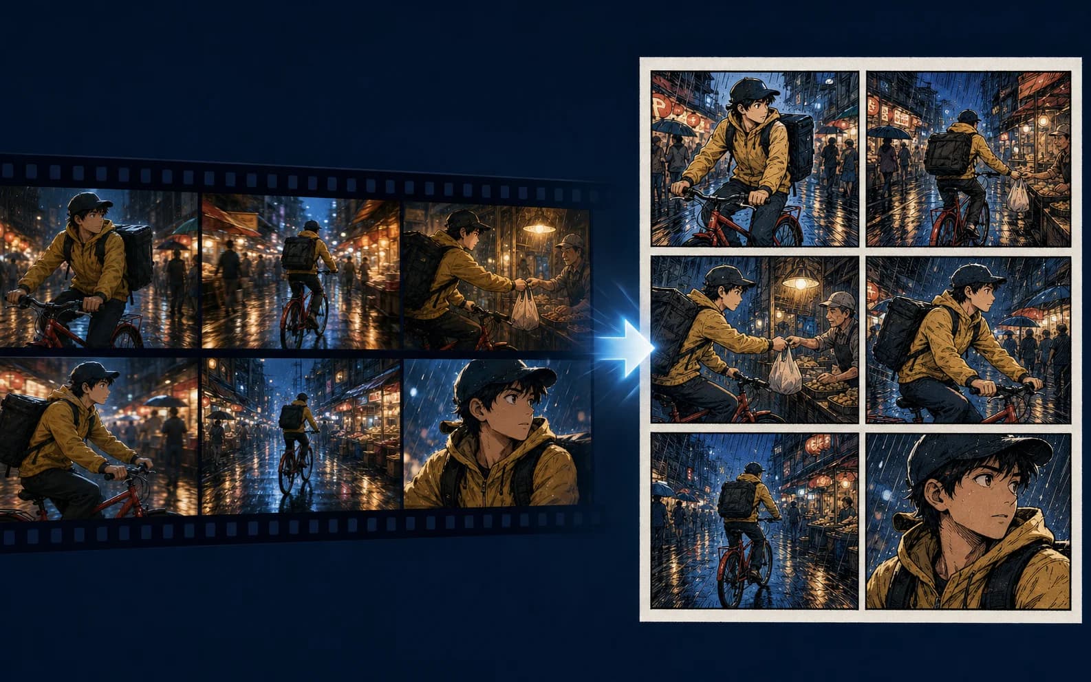 Cinematic night-market film frames beside a six-panel inked comic interpretation of the same bicycle courier