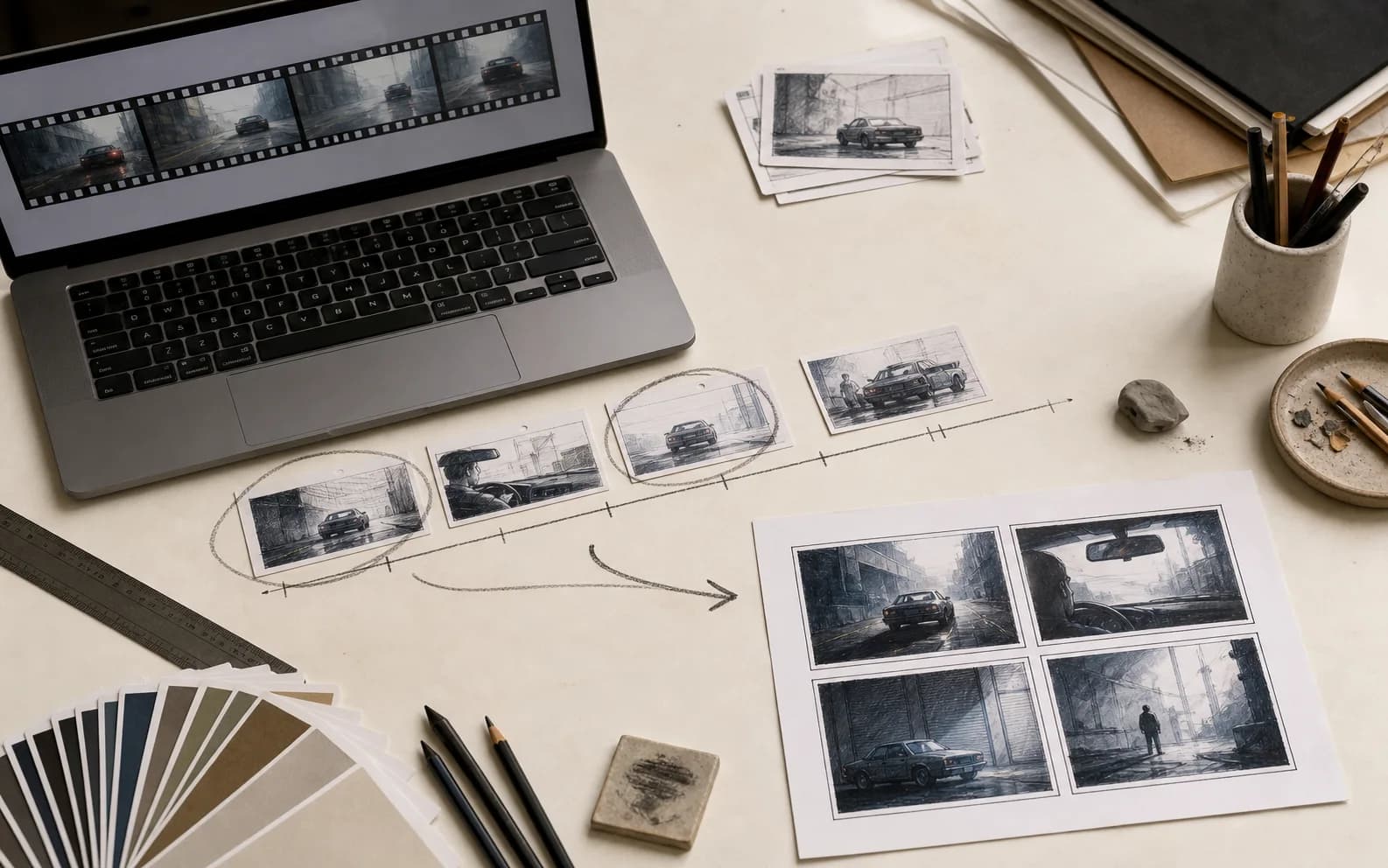 Top-down production desk where selected video frames become a four-panel comic contact sheet