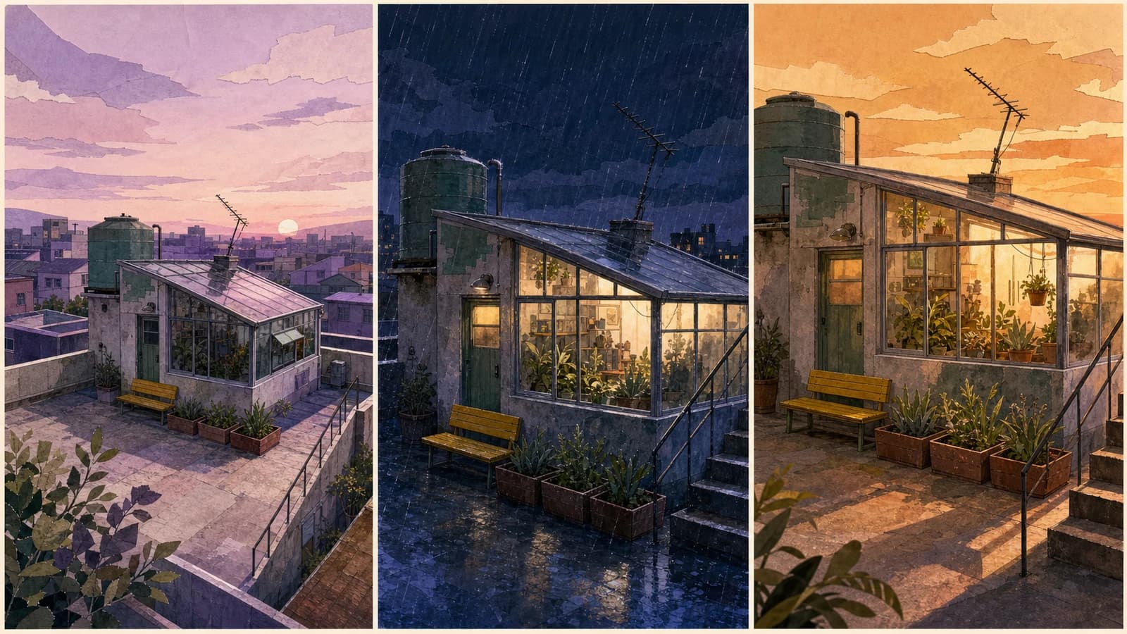 Three views of the same original rooftop greenhouse at dawn, rainy night, and amber sunset with recurring landmarks preserved