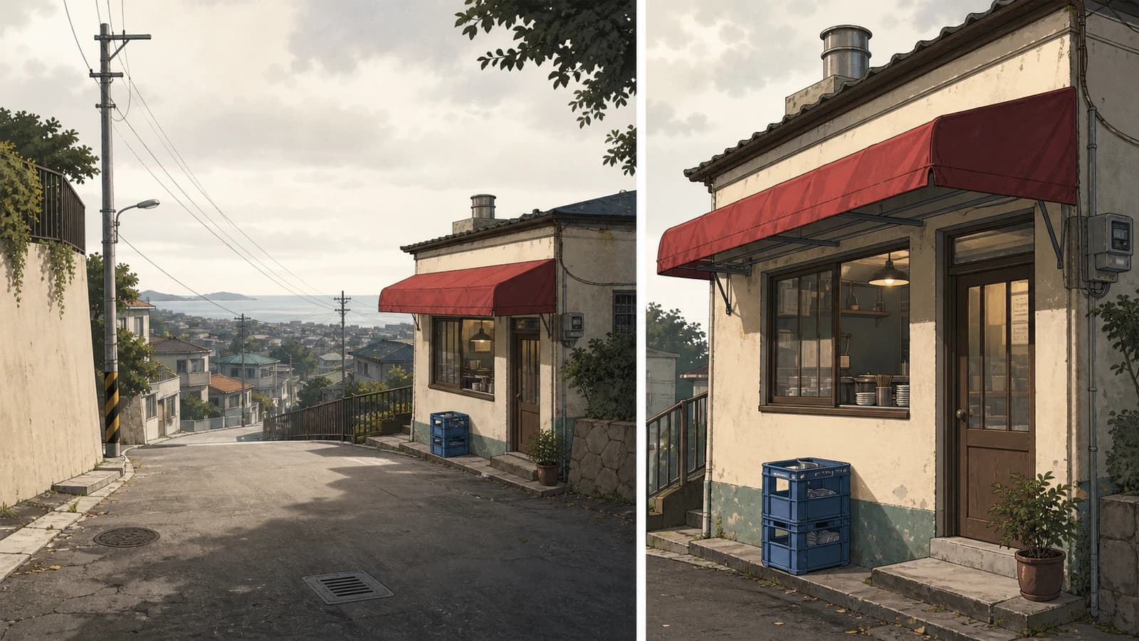 Wide and close environment views of an original noodle shop on a coastal hillside street