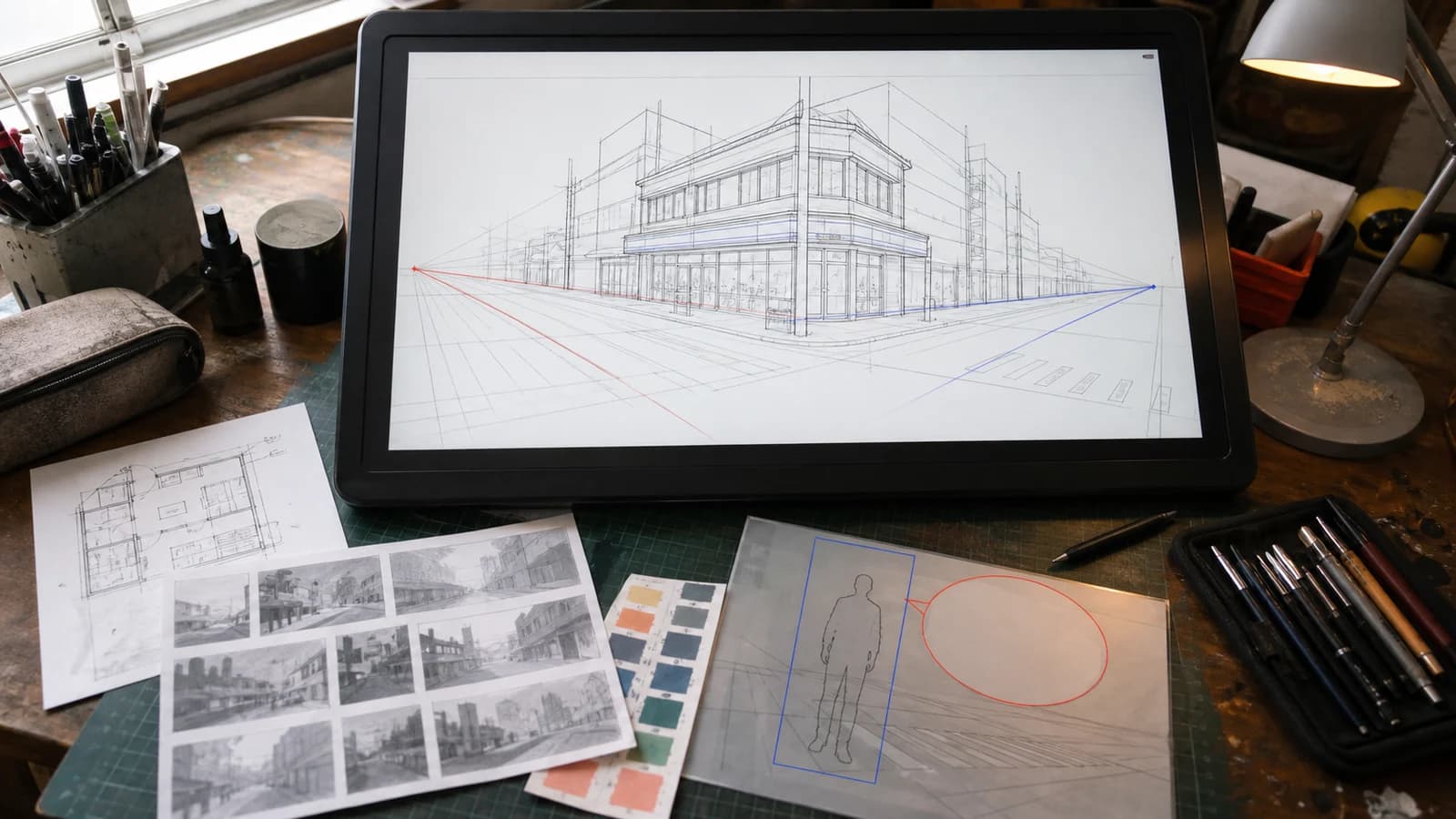 Illustrator workspace with a two-point-perspective street drawing, floor-plan sketch, value thumbnails, palette swatches, character standing zone, and speech-bubble space