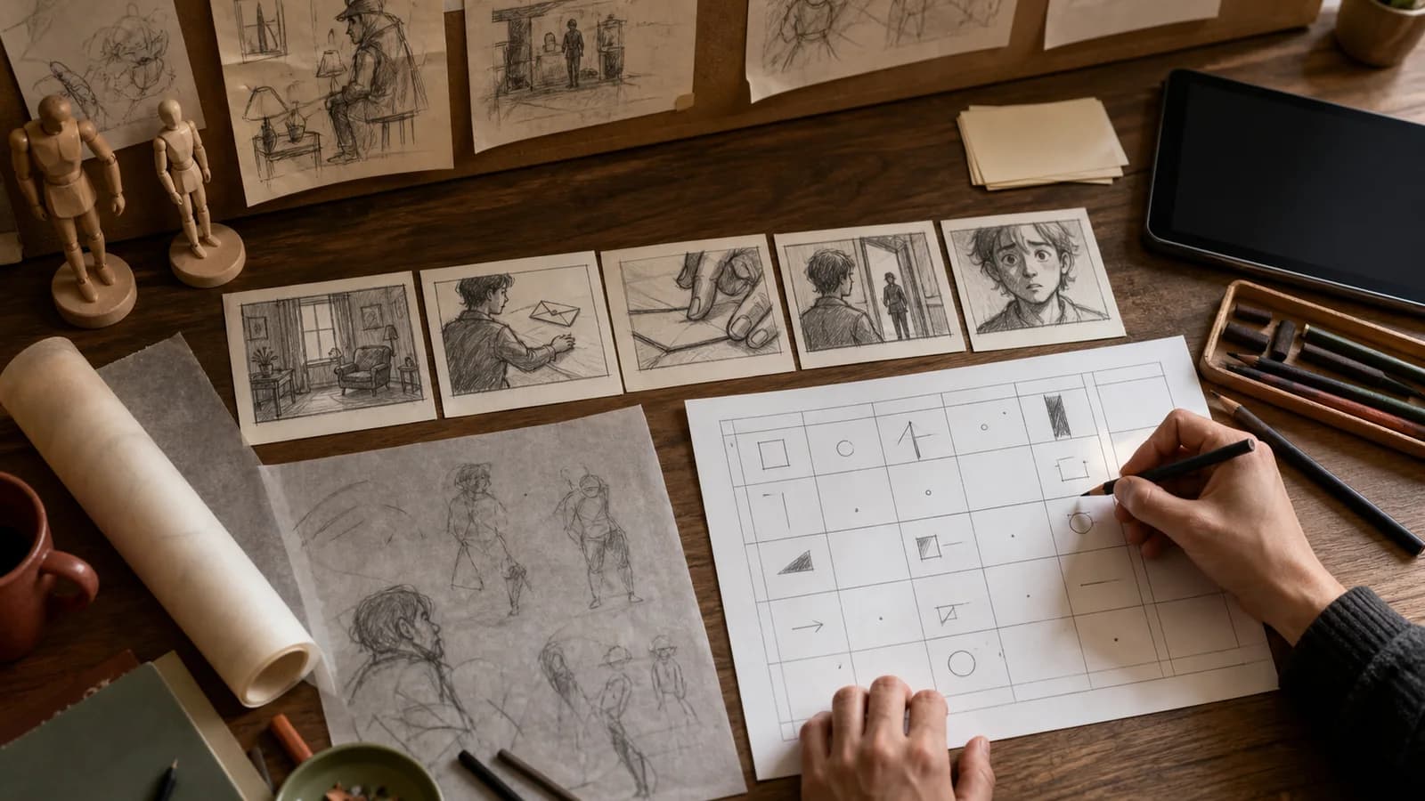 A working storyboard desk turns one dramatic beat into a numbered sequence of wide, detail, viewpoint, and reaction shots.