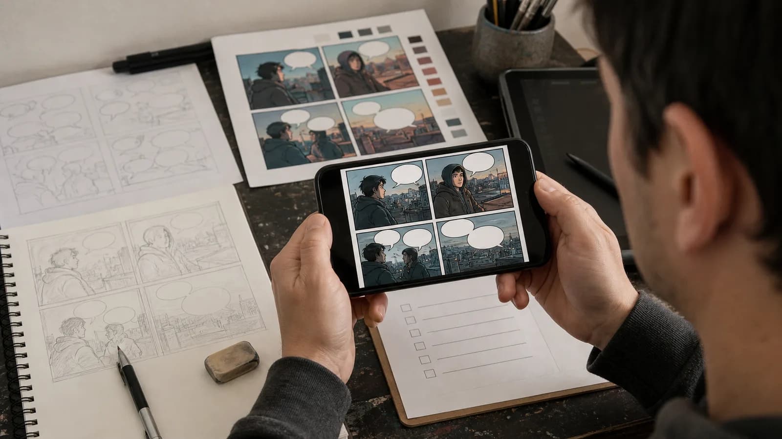 Review the final strip on the actual device, beside the editable art, dialogue notes, proof, and export checklist.